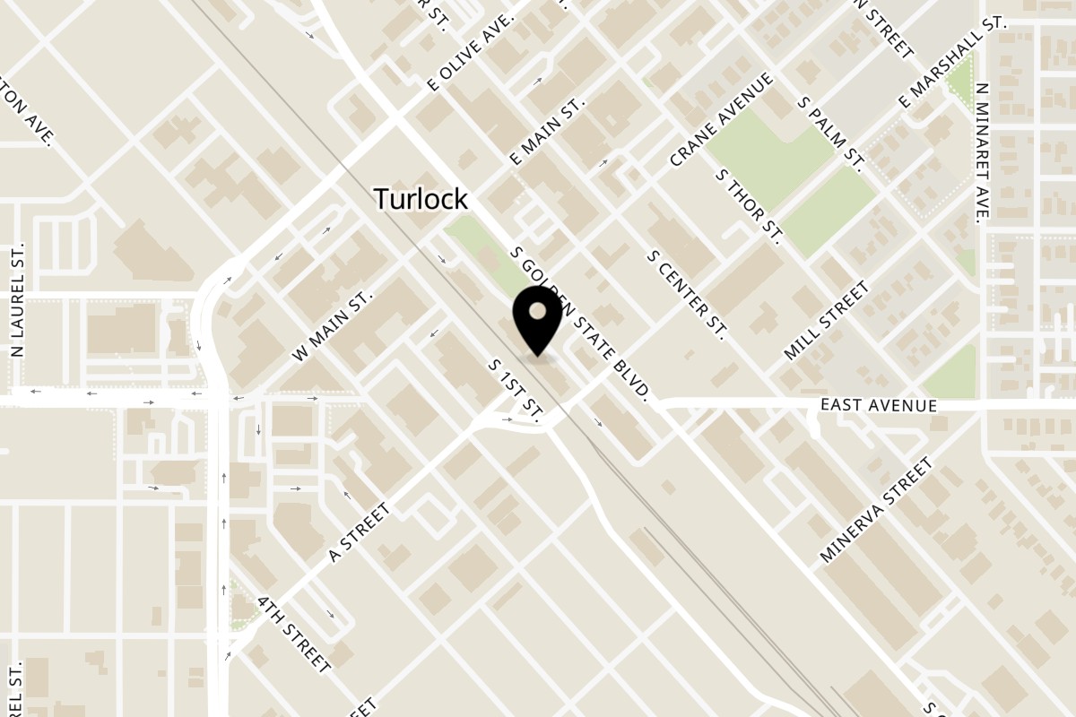 Map showing the location of Kraving Kebab Pizza on 217 South Golden State Boulevard in Turlock